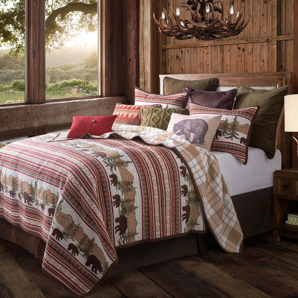 Hiend Accents Bear Trail Reversible Quilt Set – 3-piece Woodland Comfort For Your Rustic Bedroom Retreat Red,White,Tan Face, 100% Cotton. Back, 100% Cotton. Filling, 100% Polyester Ql1815-kg-oc