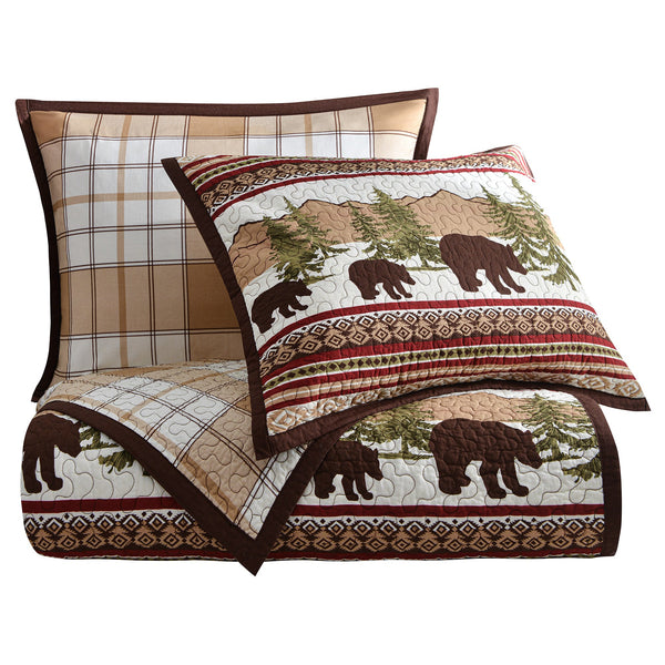 Hiend Accents Bear Trail Reversible Quilt Set - Cozy Cabin Charm With Forest Bears & Elegant Plaid Design Red,White,Tan Face, 100% Cotton. Back, 100% Cotton. Filling, 100% Polyester Ql1815-tw-oc