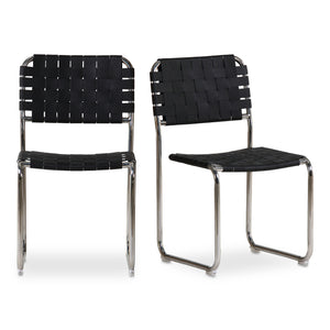 Moe's Home Moma Stainless Steel Dining Chairs - Elegant Industrial Design With Handwoven Leather Straps Black Top Grain Leather,Stainless Steel Frame Qn-1033-02