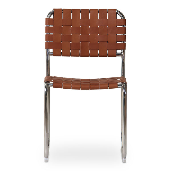 Moe's Home Moma Stainless Steel Dining Chairs - Elegant Industrial Design With Handwoven Leather Straps Brown Top Grain Leather,Stainless Steel Frame Qn-1033-03