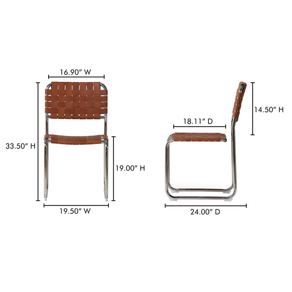 Moe's Home Moma Stainless Steel Dining Chairs - Elegant Industrial Design With Handwoven Leather Straps Brown Top Grain Leather,Stainless Steel Frame Qn-1033-03