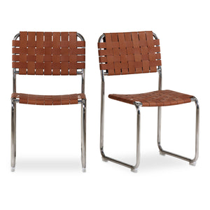 Moe's Home Moma Stainless Steel Dining Chairs - Elegant Industrial Design With Handwoven Leather Straps Brown Top Grain Leather,Stainless Steel Frame Qn-1033-03