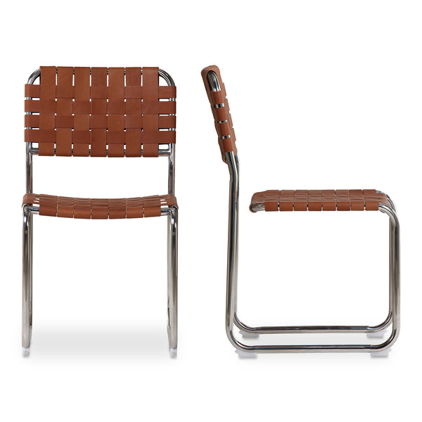 Moe's Home Moma Stainless Steel Dining Chairs - Elegant Industrial Design With Handwoven Leather Straps Brown Top Grain Leather,Stainless Steel Frame Qn-1033-03