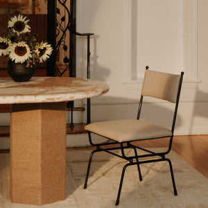 Moe's Home Posta Dining Chair - Vintage Italian Elegance With Hammered Metal Frame And Plush Upholstered Comfort Beige Upholstery, 81% Polyester,14% Acrylic,5% Linen,Hammered Iron Qn-1034-34