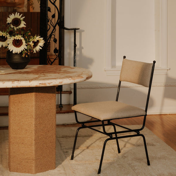 Moe's Home Posta Dining Chair - Vintage Italian Elegance With Hammered Metal Frame And Plush Upholstered Comfort Beige Upholstery, 81% Polyester,14% Acrylic,5% Linen,Hammered Iron Qn-1034-34