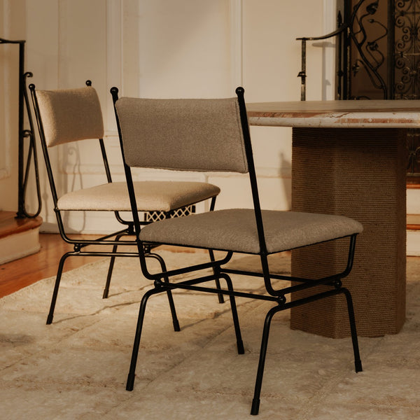 Moe's Home Posta Dining Chair - Vintage Italian Elegance With Hammered Metal Frame And Plush Upholstered Comfort Beige Upholstery, 81% Polyester,14% Acrylic,5% Linen,Hammered Iron Qn-1034-34