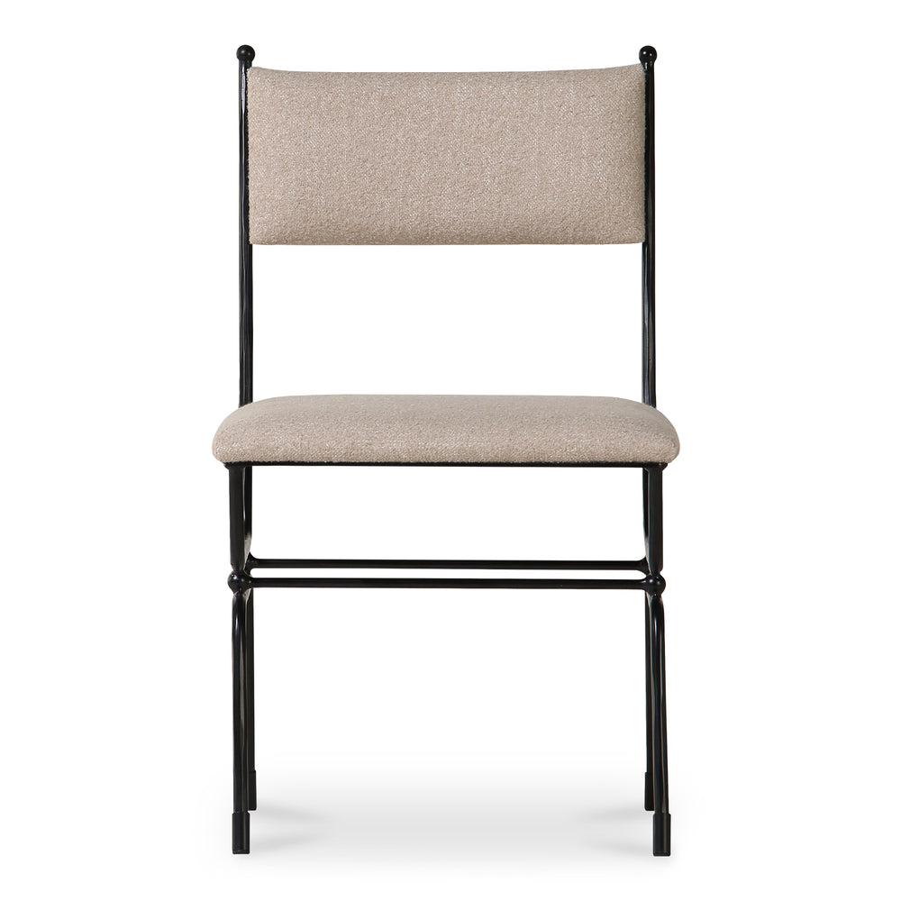 Moe's Home Posta Dining Chair - Vintage Italian Elegance With Hammered Metal Frame And Plush Upholstered Comfort Beige Upholstery, 81% Polyester,14% Acrylic,5% Linen,Hammered Iron Qn-1034-34