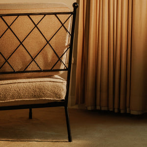 Moe's Home Vecchia Accent Chair - Timeless Italian Elegance With Hammered Metal Frame And Lattice Detail Beige Upholstery, 81% Polyester,14% Acrylic,5% Linen,Hammered Iron Qn-1035-34