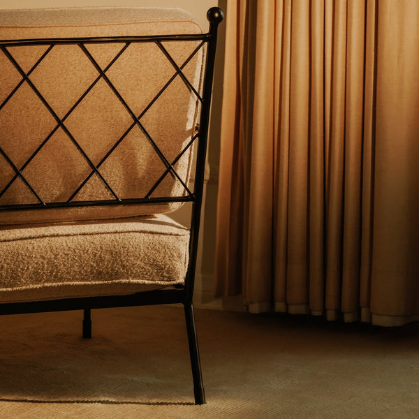 Moe's Home Vecchia Accent Chair - Timeless Italian Elegance With Hammered Metal Frame And Lattice Detail Beige Upholstery, 81% Polyester,14% Acrylic,5% Linen,Hammered Iron Qn-1035-34