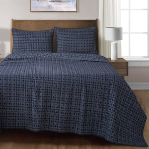Hiend Accents Indigo Reversible Quilt Set - Elegant 3-piece Bedding Ensemble For A Cozy, Stylish Bedroom Retreat Blue Face And Back, 100% Cotton, Fill, 100% Polyester Qn2241-kg-oc
