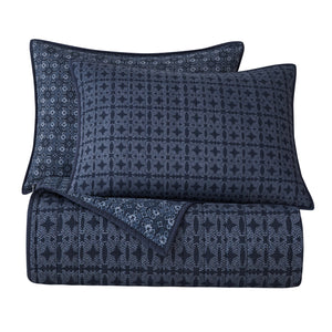 Hiend Accents Indigo Reversible Quilt Set - Elegant 3-piece Bedding Ensemble For A Cozy, Stylish Bedroom Retreat Blue Face And Back, 100% Cotton, Fill, 100% Polyester Qn2241-kg-oc
