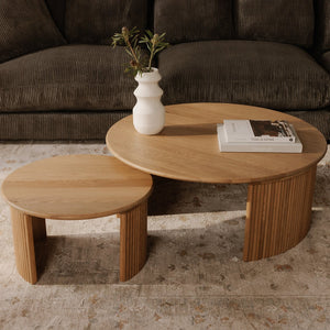 Moe's Home Penny Coffee Table: Elegant Nesting Design With Solid Oak Top And Playful Fluted Bases For Charm Natural Solid Oak Tabletop,Oak Veneer Over Plywood Base Qo-1012-24