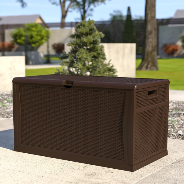 English Elm Nobu Outdoor Waterproof Storage Box - Stylish Deck Chest for Cushions, Tools & Toys, Easy Assembly Brown 120 Gallon QT-KTL-4023BRN-GG