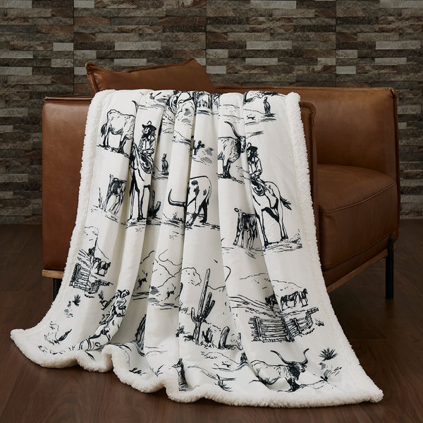 Hiend Accents Ranch Life Western Toile Campfire Sherpa Throw - Cozy Rustic Charm For Stylish Home Decor Black,White Front, 100% Polyester,Back, 100% Polyester (Sherpa Fabric) Cf2138th-os-bk