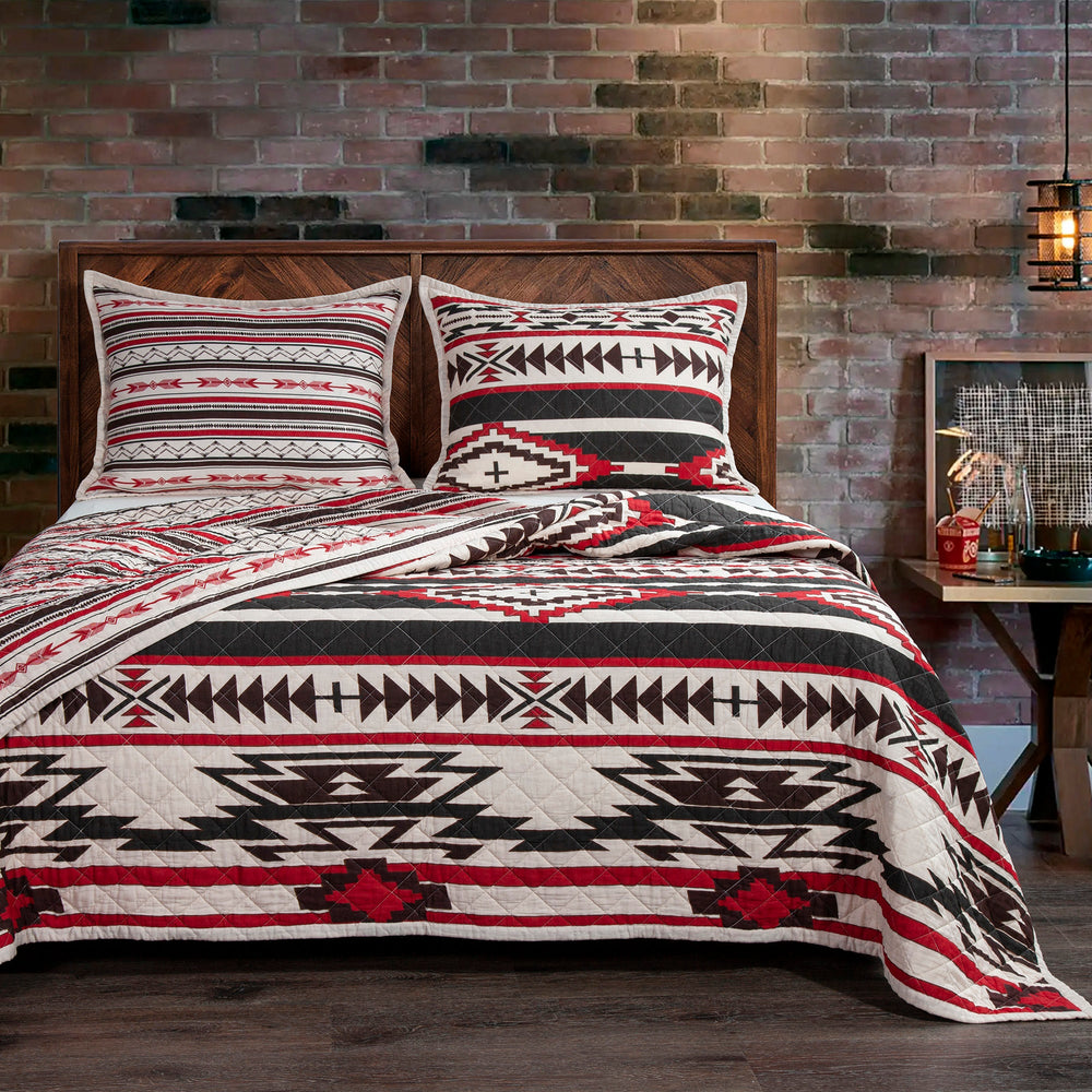 Hiend Accents Cortez Reversible Quilt Set - Cozy Cotton Bedding With Striking Crimson And Black Geometric Design Tan Face And Back, 100% Cotton,Fill, 100% Polyester Qw2235-kg-tn
