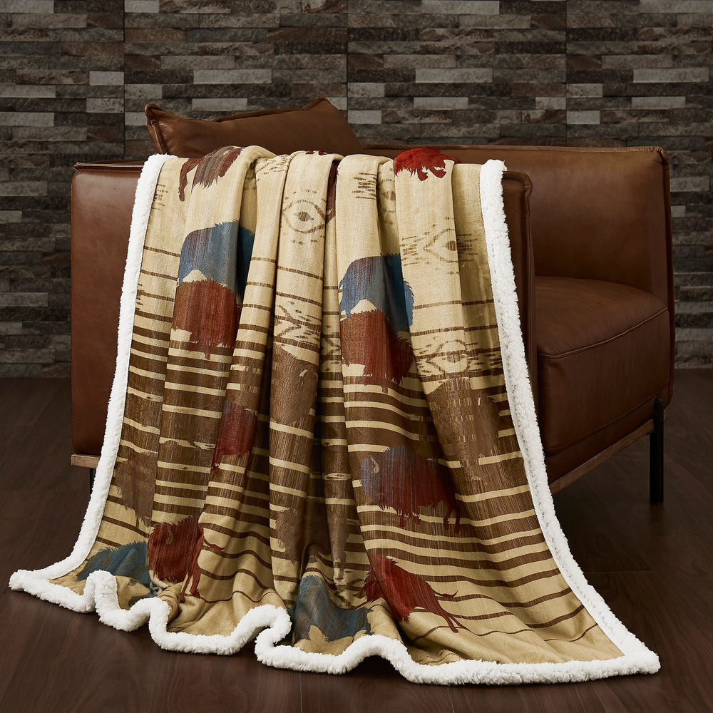 Hiend Accents Home On The Range Buffalo Campfire Sherpa Throw - Cozy, Rustic Decor For Warm Nights & Gatherings Multi Color Front, 100% Polyester,Back, 100% Polyester (Sherpa Fabric) Cf2237th-os-oc