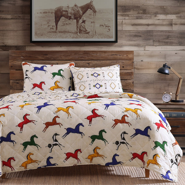 Hiend Accents Wild Horses Reversible Quilt Set - Enchanting Western Design, Cozy Comfort For Your Bedroom Retreat Multi Color Face And Back, 100% Cotton,Fill, 100% Polyester Qw2317-fq-oc