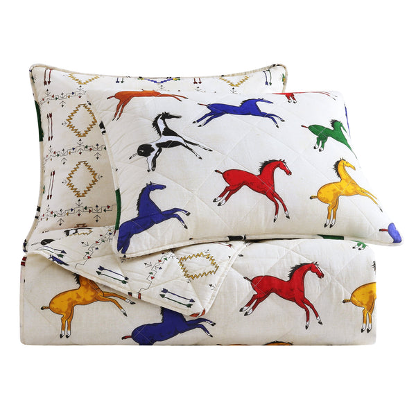 Hiend Accents Wild Horses Reversible Quilt Set - Enchanting Western Design, Cozy Comfort For Your Bedroom Retreat Multi Color Face And Back, 100% Cotton,Fill, 100% Polyester Qw2317-fq-oc