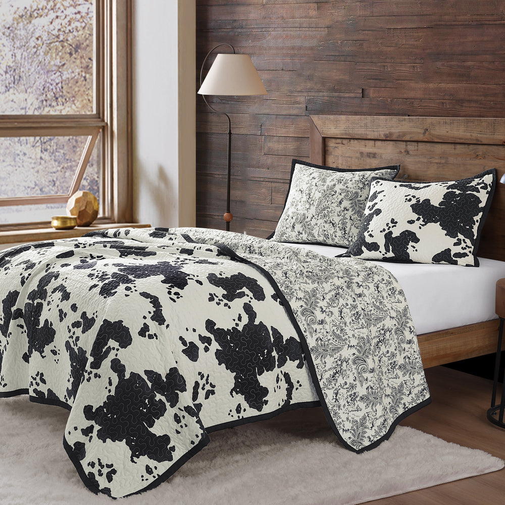 Hiend Accents Clara Cowhide Reversible Quilt Set - Stylish 3-piece Ensemble For A Chic Western Bedroom Retreat Black Face And Back, 100% Polyester,Fill, 100% Polyester Qw3067-kg-bk