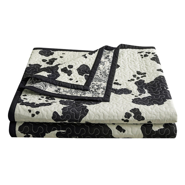 Hiend Accents Clara Cowhide Reversible Quilt Set - Stylish Western Design With Textured Stipple Quilting & Flange Border Black Face And Back, 100% Polyester,Fill, 100% Polyester Qw3067-tw-bk