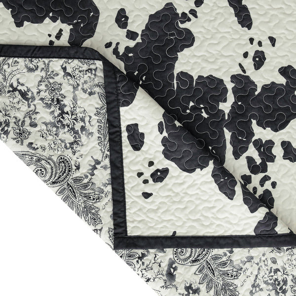 Hiend Accents Clara Cowhide Reversible Quilt Set - Stylish Western Design With Textured Stipple Quilting & Flange Border Black Face And Back, 100% Polyester,Fill, 100% Polyester Qw3067-tw-bk
