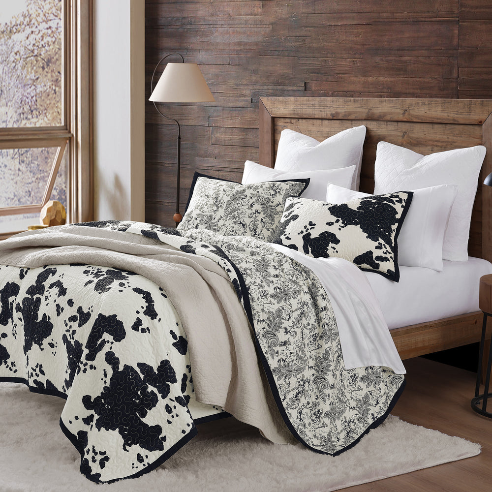 Hiend Accents Clara Cowhide Reversible Quilt Set - Stylish Western Design With Textured Stipple Quilting & Flange Border Black Face And Back, 100% Polyester,Fill, 100% Polyester Qw3067-tw-bk