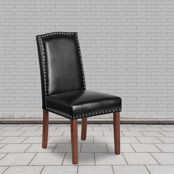 English Elm HERCULES Elegant Black LeatherSoft Parsons Chair with Silver Nailhead Trim for Stylish Comfort QY-A13-9349-BK-GG