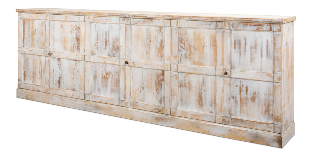 Sarreid Luciana Buffet - 112" Pine Wood Design With 6 Elegant Doors In Disrupted White Finish For Storage White  R045-16w
