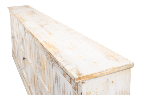 Sarreid Luciana Buffet - 112" Pine Wood Design With 6 Elegant Doors In Disrupted White Finish For Storage White  R045-16w