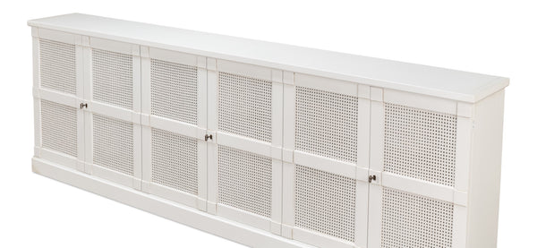 Sarreid Luciana 112" Cane Door Buffet In Elegant Cortina White Finish - Stylish Pine Storage Solution White  R045-79c