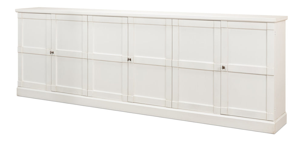 Sarreid Luciana 112” Buffet In Cortina White Finish - Elegant Pine Storage With 6 Wood Doors For Style White  R045-79w