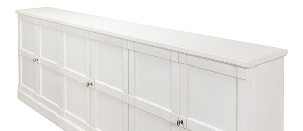 Sarreid Luciana 112” Buffet In Cortina White Finish - Elegant Pine Storage With 6 Wood Doors For Style White  R045-79w