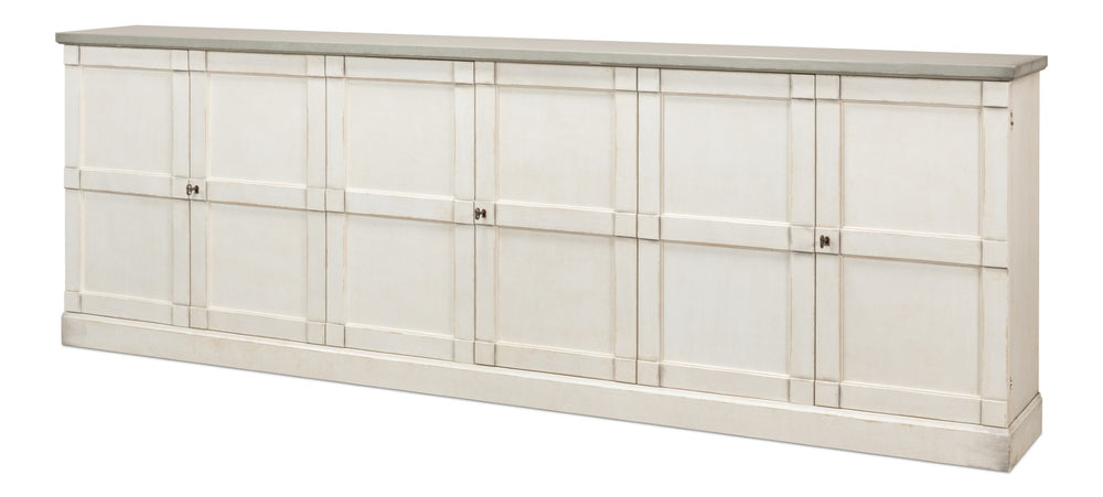 Sarreid Luciana Buffet 112" W With Elegant Stucco White Base & Grey Top, 6 Wood Doors & 3 Adjustable Shelves White  R04514t15w