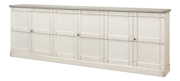 Sarreid Luciana Buffet 112" W With Elegant Stucco White Base & Grey Top, 6 Wood Doors & 3 Adjustable Shelves White  R04514t15w