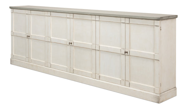 Sarreid Luciana Buffet 112" W With Elegant Stucco White Base & Grey Top, 6 Wood Doors & 3 Adjustable Shelves White  R04514t15w