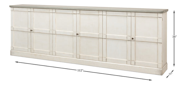 Sarreid Luciana Buffet 112" W With Elegant Stucco White Base & Grey Top, 6 Wood Doors & 3 Adjustable Shelves White  R04514t15w