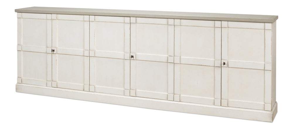 Sarreid Luciana 112" Buffet With Gray Quartz Top & 6 Stylish Wood Doors - Elegant White Finish Design Beige  R04537t15w