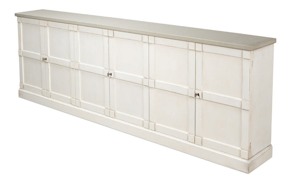 Sarreid Luciana 112" Buffet With Gray Quartz Top & 6 Stylish Wood Doors - Elegant White Finish Design Beige  R04537t15w