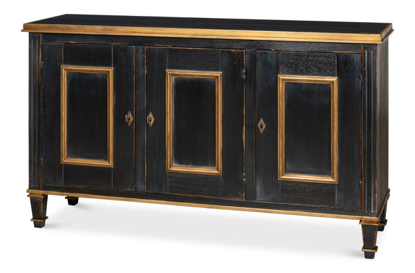 Sarreid Louis Xvi Buffet In Powder Black With Gold Accents - Elegant Wood Design, 2 Adjustable Shelves, 3 Doors Black  R059-20