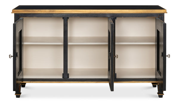 Sarreid Louis Xvi Buffet In Powder Black With Gold Accents - Elegant Wood Design, 2 Adjustable Shelves, 3 Doors Black  R059-20