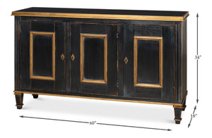 Sarreid Louis Xvi Buffet In Powder Black With Gold Accents - Elegant Wood Design, 2 Adjustable Shelves, 3 Doors Black  R059-20