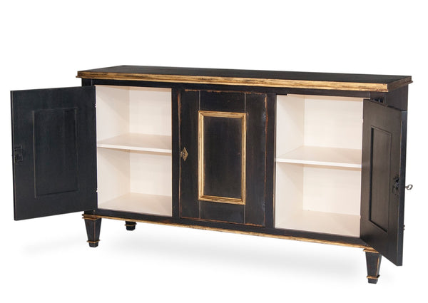Sarreid Louis Xvi Buffet In Powder Black With Gold Accents - Elegant Wood Design, 2 Adjustable Shelves, 3 Doors Black  R059-20
