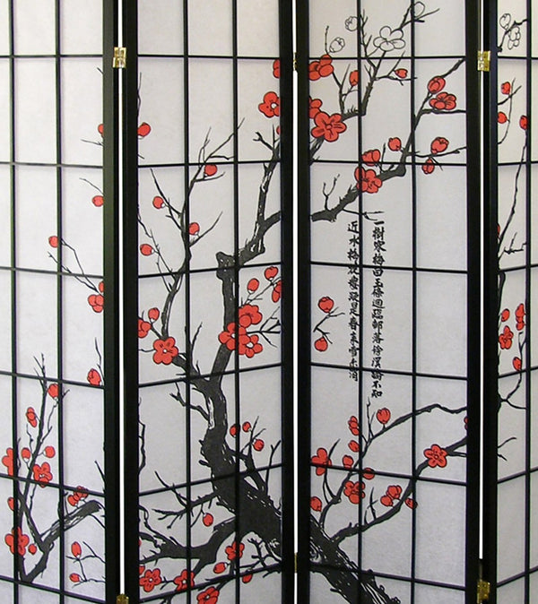 ORE International 70 Inch Plum Blossom Four Panel Room Divider Rosewood Hardwood Frame Folding Screen R5428-4