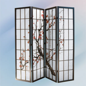 ORE International 70 Inch Plum Blossom Four Panel Room Divider Rosewood Hardwood Frame Folding Screen R5428-4