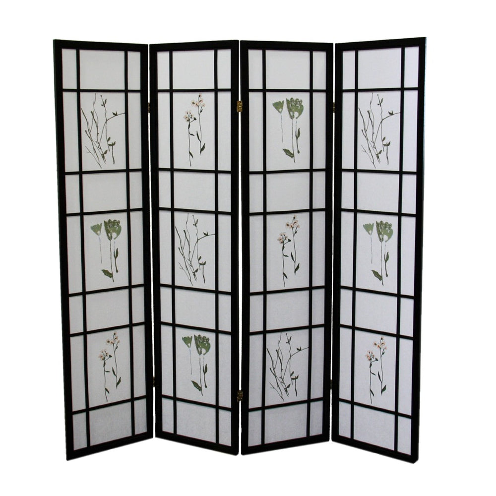 ORE International 70 Inch Botanical Shoji Floor Screen with Black Wood Frame for Home Office or Living Room 4-Panel R5441-4