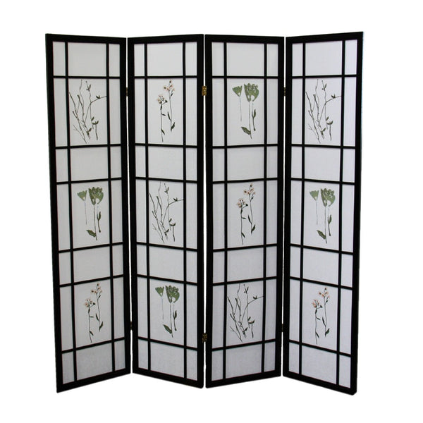 ORE International 70 Inch Botanical Shoji Floor Screen with Black Wood Frame for Home Office or Living Room 4-Panel R5441-4