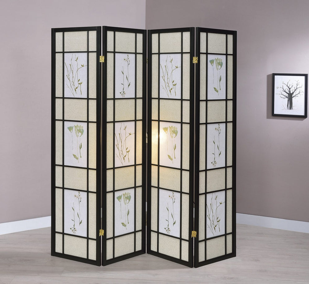 ORE International 70 Inch Botanical Shoji Floor Screen with Black Wood Frame for Home Office or Living Room 4-Panel R5441-4