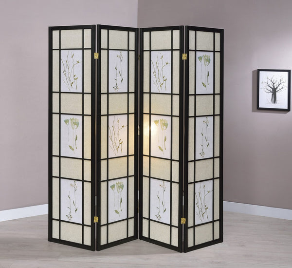 ORE International 70 Inch Botanical Shoji Floor Screen with Black Wood Frame for Home Office or Living Room 4-Panel R5441-4
