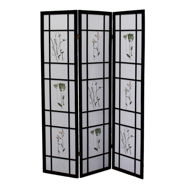 ORE International 70 Inch Botanical Shoji Floor Screen with Black Wood Frame for Home Office or Living Room 3-Panel R5441