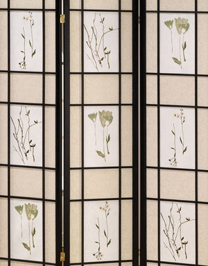 ORE International 70 Inch Botanical Shoji Floor Screen with Black Wood Frame for Home Office or Living Room 3-Panel R5441